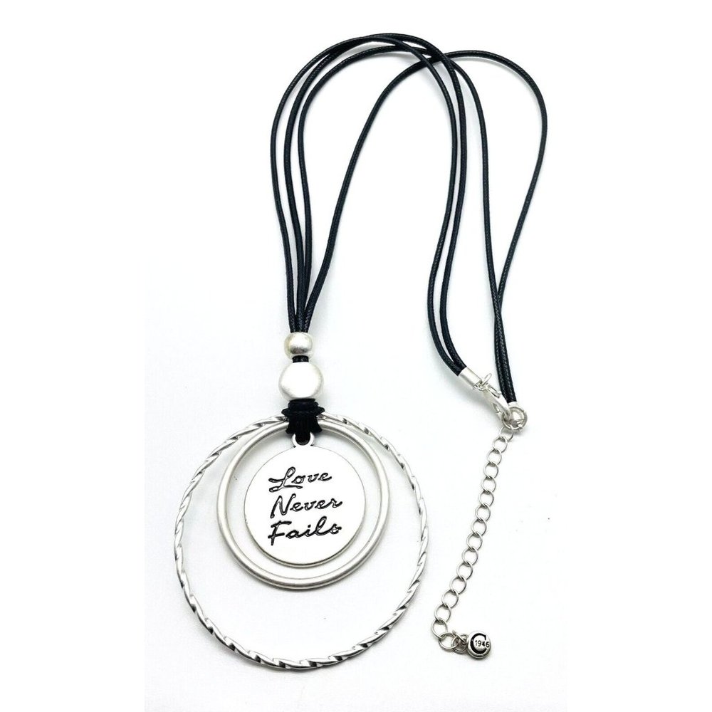 C1946 Signed Love Never Fails Pendant Necklace Silver Tone Black Faux Leather